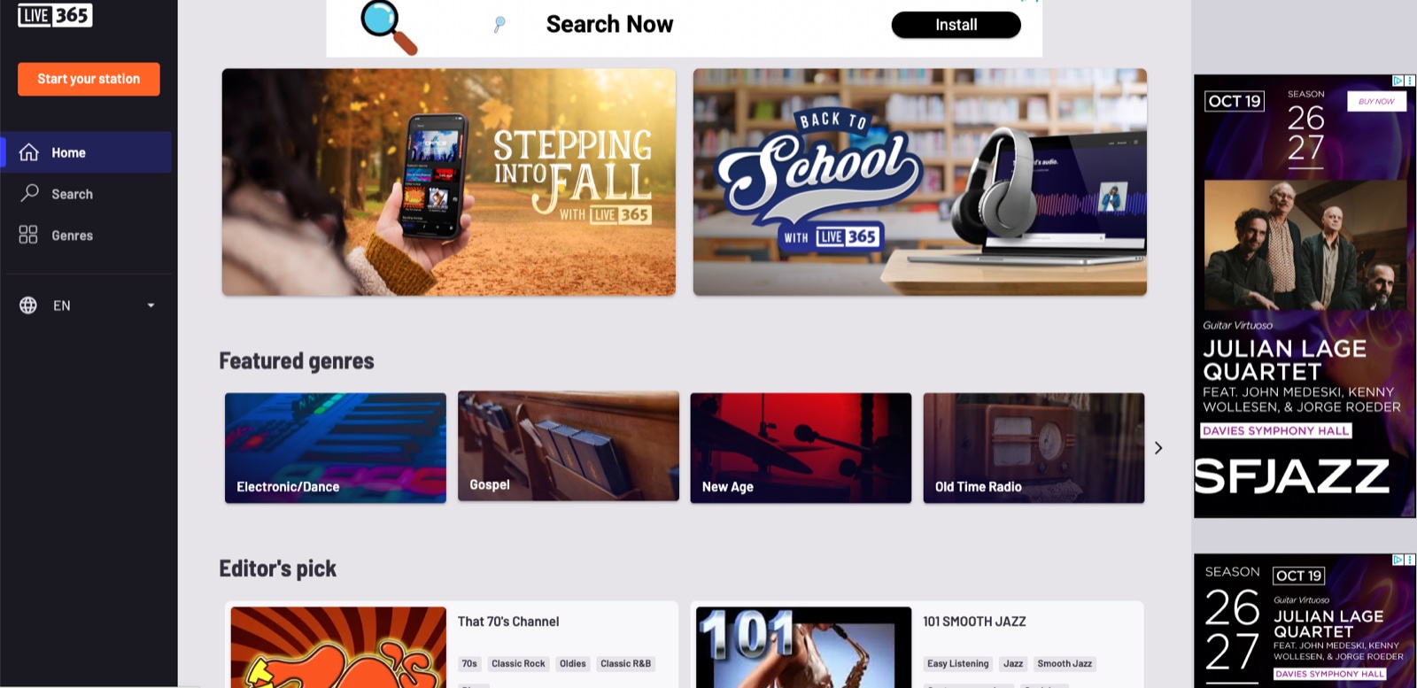 Live365's homepage with the new display ad products live: a leaderboard above the featured stations and right-rail placements beside them