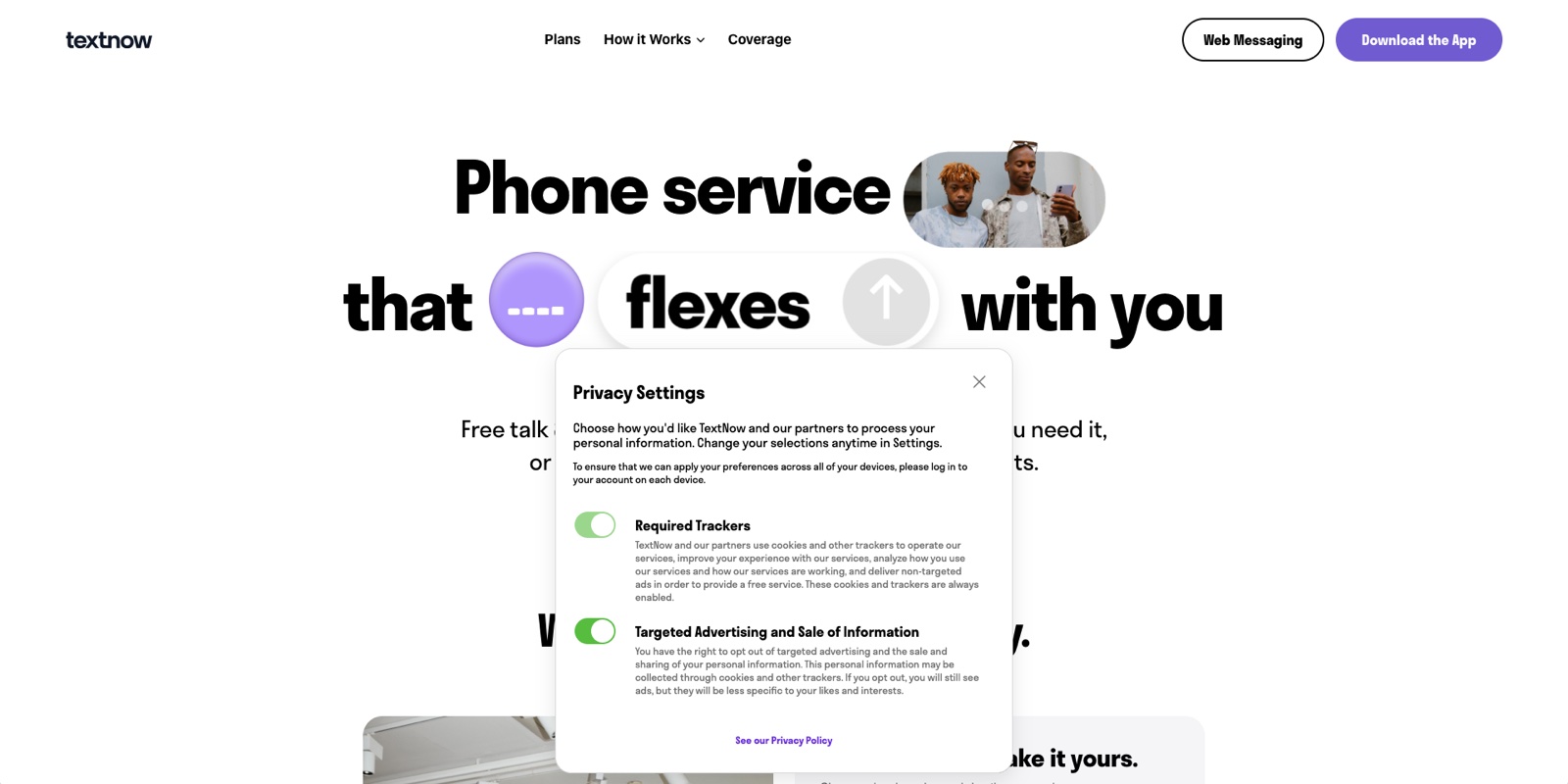 TextNow's website with the Transcend consent management modal, offering Required Trackers and Targeted Advertising controls