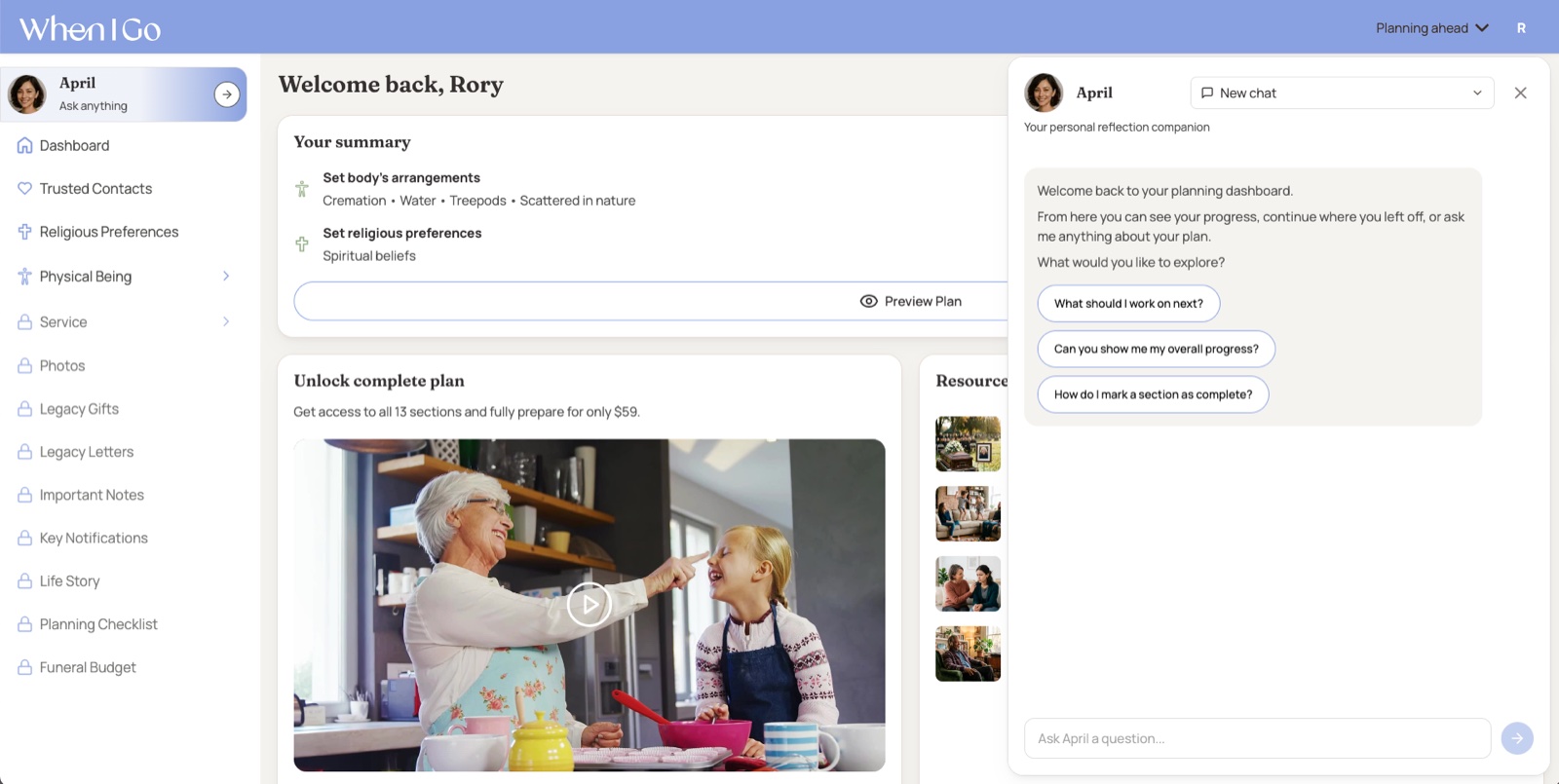 The live When I Go planning dashboard, with April available as a chat companion alongside the user's plan summary